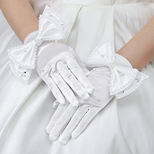 IYOU Satin brudhandskar rosett pärla vit handske kort kväll fest bröllopshandskar för kvinnor