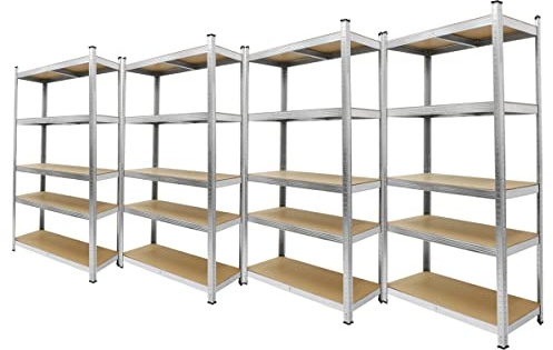 ECD Germany Juego De 4 Estanterías Para Cargas Pesadas 180x90x40 cm De Metal Galvanizado Con 5 Estantes De Madera Tableros MDF Cargable Hasta 750kg Montaje Sin Tornillos Banco De Trabajo Taller