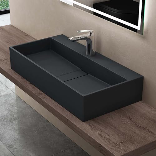 doporro Lavabo sobre encimera 80x40x14cm de diseño Colossum6028 lavabo en antracita de fundición mineral con 1 orificio para grifería