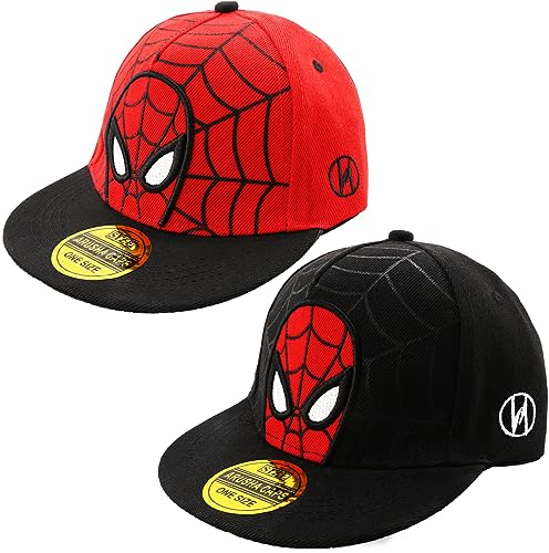 Basecap Kinder Jungen, 2 Stück Spider Baseball Cap Kinder Kappe Mütze Superheld Snapback Geburtstag Schule Sport Sonnenschutz Verstellbare Hüte für kleine Kleinkinder Rot und Schwarz