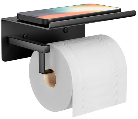 Toilet Roll Holder with Shelf, Black Stainless Steel, Self Adhesive or Screw Mount, All Installation Tools Included, Rustproof Toilet Paper Holder for Bathroom, Fits All Roll Sizes