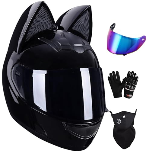Casco De Motocicleta Orejas De Gato Dibujos Animados Lindo con Auriculares, Hombres Y Mujeres Cool Cat Locomotive Casco Cara Completa Moto Adultos Todas Las Estaciones,certificación ECE
