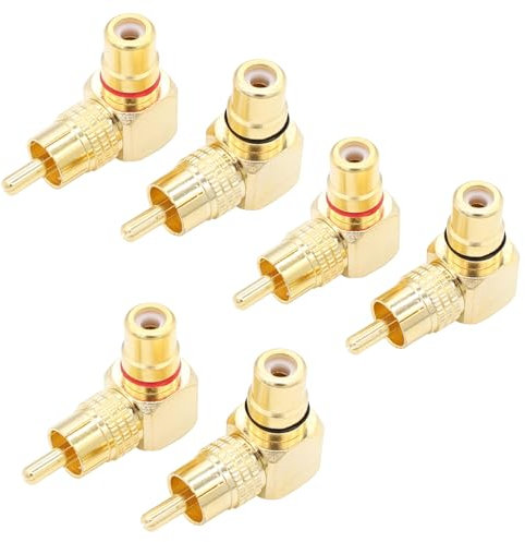 exgoofit RCA Right Angle Adapter Gold-Plated, 6-Pack 90 Degree RCA Male to RCA Female Connector Adapter (3 Black +3 Red)