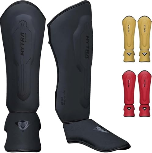 Mytra Fusion MMA Kick Boxing Shin Guards, Muay Thai Shin Instep Protection Contiene parastinchi per Kickboxing, Allenamento, BJJ, Sparring, Boxe e Arti Marziali Gear