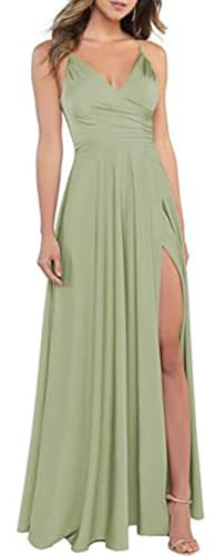 xxxiticat - Abito da donna, con spalline sottili, scollo a V, in satin, da damigella, abito formale ad A, per ballo di fine anno, con spacco, verde, M