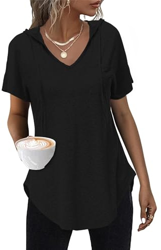 WNEEDU Tee Shirt Femme Col V Sweat a Capuche Femme Hoodie T-Shirt Top Haut Femme été Chic Légere Noir L
