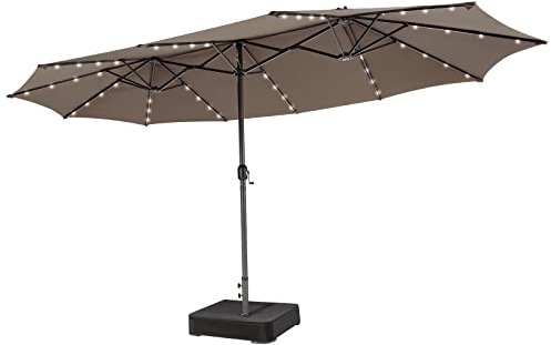 COSTWAY Ombrellone Doppio da Giardino 450 x 260 cm, con 48 Luci LED e Base, Ombrellone Rettangolare con Manovella, per Giardino Piscina Cortile (Caffè)