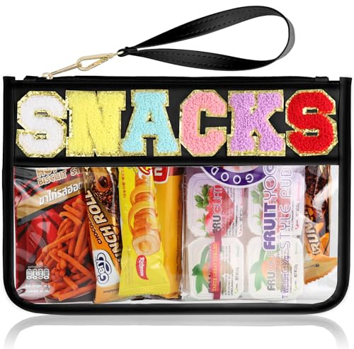 Snack Bag for Travel - Clear Chenille Varsity Letter Flat Pouch with Zipper, Waterproof Clear PVC&PU Preppy Patch Makeup Cosmetic tote Bags for Women Girls (Black-Snacks)