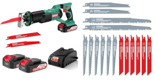 Scie Sabre sans fil 18V HYCHIKA, Vitesses Réglables 0-2800SPM, 2 Lames, Chargeur Rapide & Lames de Scie Sabre, HYCHIKA Lame de Scie 16 PCS Pour Le Métal, Le Bois et Le Bois avec Des Clous