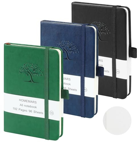 HOMEMARS Anteckningsböcker A6, 3 st, a6 blanka, 14,4 cm x 9,6 cm, anteckningsblock, Svart, Grön, Blå, Blanka, 192 sidor, anteckningsbok, anteckningsblock, skissbok, läderfodrad, präglat trämärke