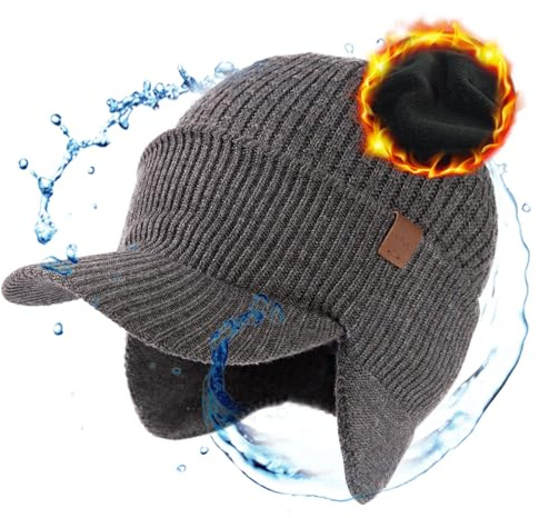 TOP-EX DryKnit™ Winter Damen Strickmuetze mit Visier und Ohrenschutz, wasserdichte Schirmmütze mit Fleece, warm und ideal für Wandern und Outdoor, Grau S/M
