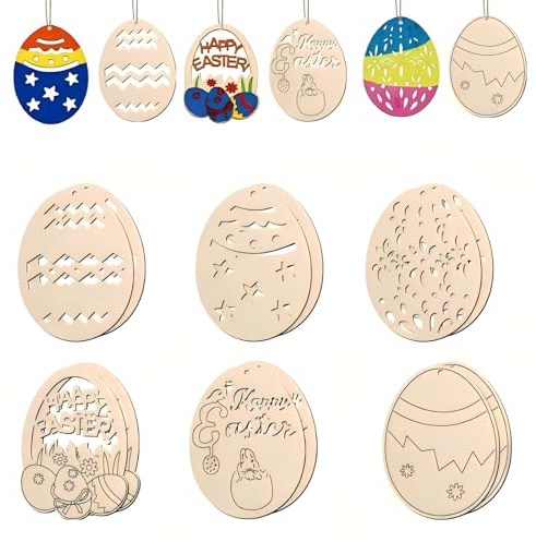 HBell Easter Wooden Egg Crafts,Easter Wooden Crafts Wood Ornaments Kits,DIY Eggs Hanging Set for Kids Easter Party Supplies Kids Painting Arts Crafts Spring Home Garden Decor (Egg)