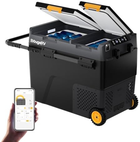 BougeRV CRD2 Kompressor Kühlbox 57L mit Gefrierfach Doppeltür Dualzonen (Verbesserter Alu-Griff) Auto Kühlbox mit Rollen 12V/24V 230V Camping Kühlschrank Auto Elektrisch mit APP Steuerung, -20℃~20℃