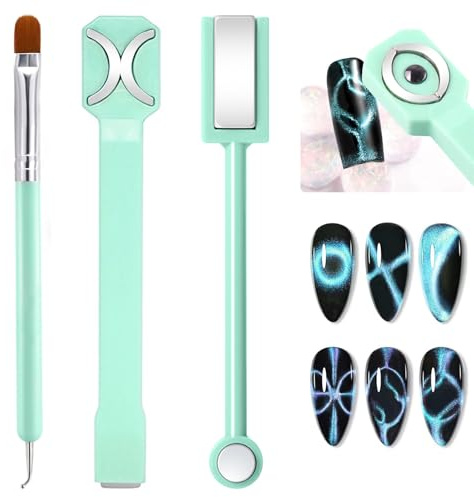 3-in-1 Cat Eye Magnet & French Tip Brush Set, Upgraded Nail Art Tool Kit for Magnetic Gel Polish, with Nail Clean Up Brush for Salon & Home Use (NAT266-Green)