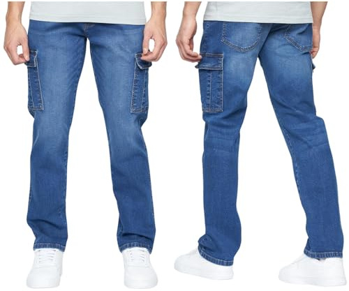 Crosshatch Mens Cargo Stretch Denim Jeans Casual Work Heavy Duty Pants in Straight Leg or Cuffed by Jeanbase Stonewash - Straight 34W X 30L