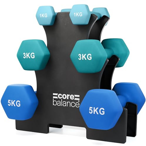 Core Balance 18kg Hex Dumbbells Set with Rack, Heavy Duty Cast Iron, Sweat Resistant Neoprene, Anti Roll Hexagonal Shaped Weights, Home Fitness & Strength Training, (2 x 2 x 1kg, 3kg 5kg)