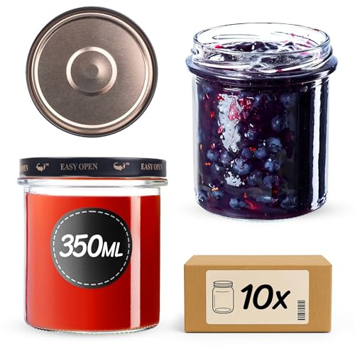 KADAX syltburkar 350 ml med fi82 mm skruvlock, små glasburkar med lock, fallburkar för konservering, konservering, skruvglas (svart/guld, 10 stycken)
