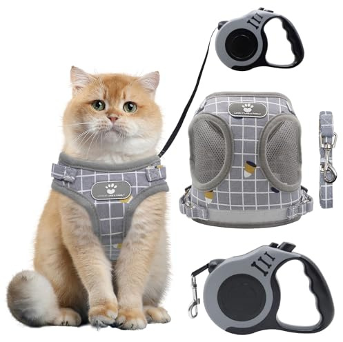 Druuzyl Kattsele och kattkoppel, set för katter, kattporslin, okrossbar för katter, hundar, med 15 m fot kattkoppel, justerbar kattväst (grå, M)