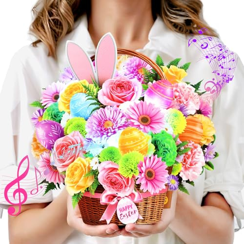 Easter Card, Happy Easter Egg Cards Light and Music, 10Inch Life Sized Forever Daisy Bouquet, 3D Popup Easter Greeting Card for Daughter, Adults, Wife, Husband, Sister(Blank Notecard & Envelope)
