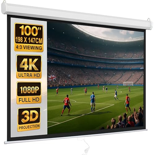 100 inch Pull Down Projector Screen 4:3 Retractable, Auto-Locking - Wall or Ceiling Mount, Large Projection Screens 4K/1080P/3D/HD Ready For Home Cinema, Office, or School (198x147cm / 78”x 58”)