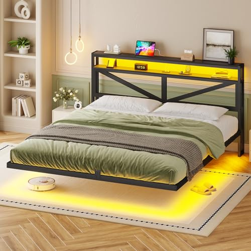 AOGLLATI Schwebendes Bettgestell 180×200 mit LED-Beleuchtung und Ladestation Floating Bed Frame mit Staukopfteil Metallbett mit Lattenrost aus Metall Gästebett Doppelbett Jugendbett-ohne matratze