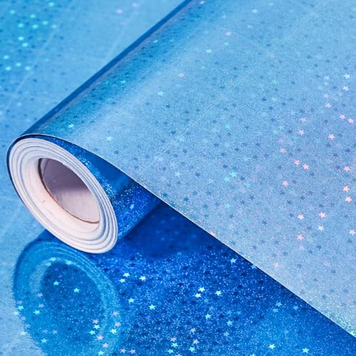 Blue Holographic Wrapping Paper Roll,43cm x 10m Blue Gift Wrapping Paper | Blue Metallic Wrapping Paper,Shiny Stars Gift Wrap for Christmas Birthday Party Wedding Baby Shower Holiday