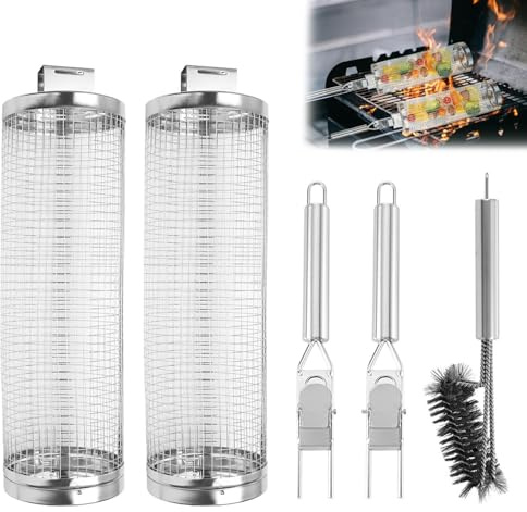 NXPUXP Set 2 Cestello Rotolabile per Barbecue, Manico Rimovibile - Rete in Acciaio Inox, Accessorio BBQ con Spazzola per Pulizia,Regalo Uomo Compleanno(V1)
