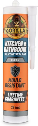 Gorilla Kitchen & Bathroom Clear Silicone Sealant, 295ml – Mould Resistant, 100% Waterproof Sealant, Shower Ready in 30 Minutes, Shrink & Crack Proof | Use on Showers, Baths, Sinks, Toilets & More