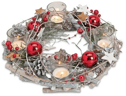 Corona dell'avvento in legno, rotonda, 29 x 8 cm, con bicchieri come portalumini e decorazione natalizia in rosso