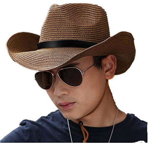 QCHOMEE Homme Chapeau de Cowboy Paille Large Bord Panama Pliable Chapeau de Plage Soleil UPF50+ Casquette Visière Protection Solaire Hat Fedora Trilby avec Sangle Menton pour Printemps Eté
