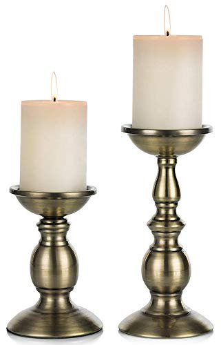 Nuptio Candelero columnario del Hierro, candelero Decorativo de Mesa para Boda/Fiesta/cumpleaños, artículo para la Cena a Las Velas, candelero Retro para hogar (Cobre, 16cm H + 22cm H)