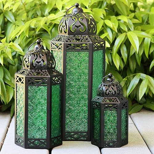 Lot de 3 bougeoirs marocains décoratifs en métal pour Le Ramadan, la décoration intérieure, la terrasse extérieure, Vert
