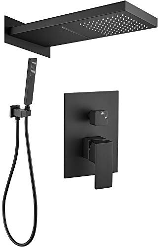 VALAZ Douche Encastrable | Mitigeur Douche 2 voies, Pulvérisateur Effet Pluie | Installation Murale Facile et Rapide | Inoxydable, Carré, Avec Poignée, Noir, Cascade, Série Niagara