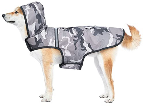 KoKoBin Impermeabile Cane Giacca riflettente per cani con cappuccio Foro del collo con cappuccio Super leggera e traspirante impermeabile per cani di taglia media e grande(Mimetico grigio,2XL)