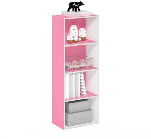 Furinno LUDER Book Shelf, 4-Tier Bookshelf, Bookcase with Open Shelf, 9.3 x 15.6 x 41.7, for Living Room, Bedroom, Home Office, Pink/White