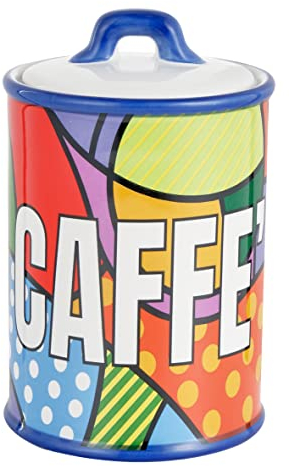 Baroni Home Porte Café en Céramique Décoré, Pot de Rangement de Cuisine avec Couvercle Hermétique pour Sauver l’Arôme, Pot à Café Ligne Pop, 11x11x17 cm