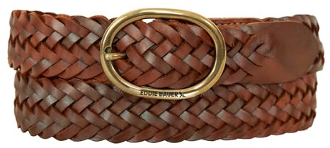 Eddie Bauer Women's Casual Leather Belts with Durable Metal Buckle, Center Bar Woven - Tan, Large