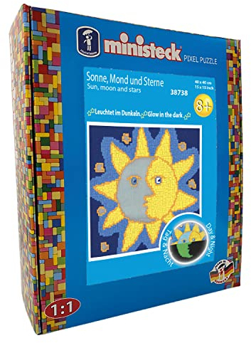 Ministeck 38738 - Mosaikbild Glow in the Dark Sonne, Mond & Sterne, ca. 40 x 40 cm große Steckplatte mit ca. 3.600 bunten Steinen, Steckspaß für Kinder ab 8 Jahren