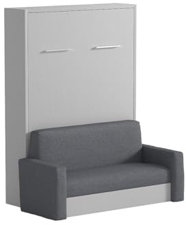 Vente-unique - Letto a scomparsa con divano 140 x 200 cm Apertura verticale manuale Bianco e Grigio - VACIALA II