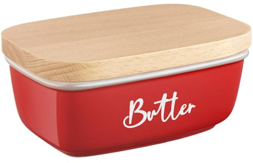 ALELION Mantequera roja con tapa para encimera, recipiente de mantequilla de cerámica con tapa de madera de haya, recipiente hermético para encimera o nevera, para decoración de cocina roja y