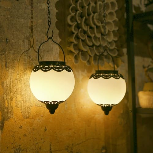 JOYCREATOR Solarlaternen für Außen 2 Stück, IP65 Wasserdicht Solar Laterne für Draußen Hängend mit Erdspieß, LED Metall Solarlampen für Außen Garten Kugel deko Balkon Terrasse Rasen Geschenk