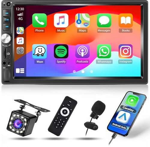 Inefala Autoradio 7 Pollici con Carplay e Android Auto,Stereo 2 Din con Schermo Bluetooth 5.1, Mirror Link, Supporta FM, USB, AUX, TF, Controllo del Volante, Telecamera Posteriore