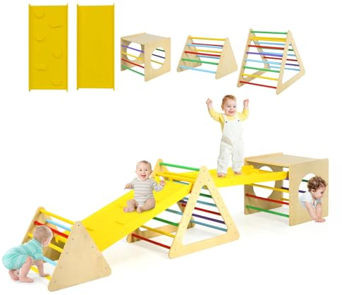 HOMASIS 5 in 1 Kletterdreieck indoor, Klettergerüst mit 2 Kletterleiter, Rampe, Tunnel, verstellbar Baby Klettern Holz, indoor Spielplatz 60kg belastbar, DIY Sprossendreieck für Kinder ab 1 Jahr, bunt