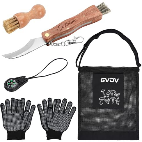 GVDV Couteau à Champignons Gravé Je t'aime avec Sac de Cueillette de Champignons，Brosse, Boussole et 2*Gants, Couteau Mycologique de Poche Pliant, avec Brosse Poil de Sanglier, Homme