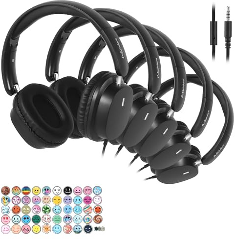 A+ Scholars Kids Wired Headphones for School, 5-Pack, Foldable with Mic