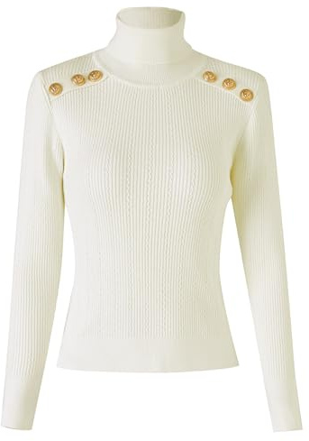 NLAND Punto Jersey de Cuello Alto para Mujer Cálido Suéter de Invierno Manga Larga Elegante Pullover Básico Tops para Primavera Otoño Invierno(Blanco,L)