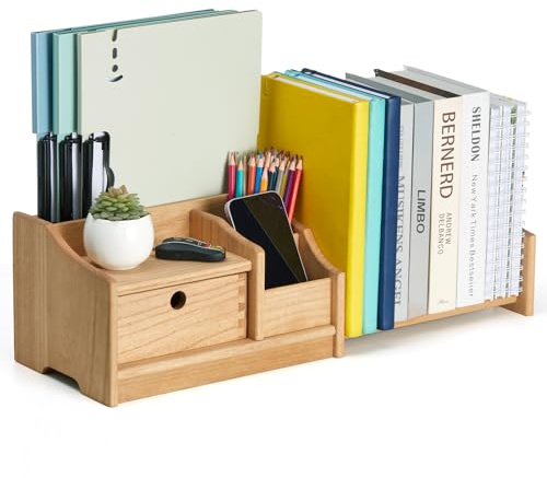 KIRIGEN Wooden Desktop Organiser with Drawer, Adjustable Desk Bookshelf, Compact Tabletop Storage Rack for Books, Files, Magazines and Stationery, 31.1 x 18.5 x 16.5 cm, Natural (S-SJ-NA)