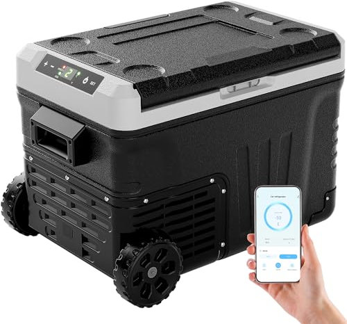 EUHOMY 12V Car Refrigerator, 35L Camping fridge, Portable Freezer 12V/24V DC 220-240V AC, Car Fridge -20℃~20℃ with APP control, Cooler with Wheels & 2 Baskets for Travel,Camping,RV