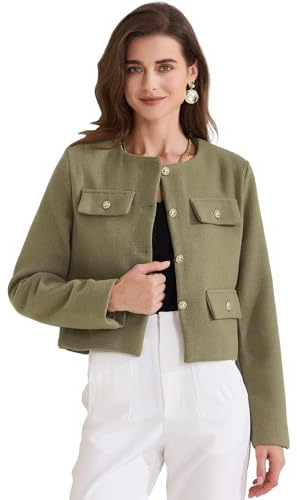 Allegra K Donna Giacca Corta in Tweed, A Maniche Lunghe, con Bottoni, Autunno Inverno, Lavoro, Business Blazer Verde Oliva XS