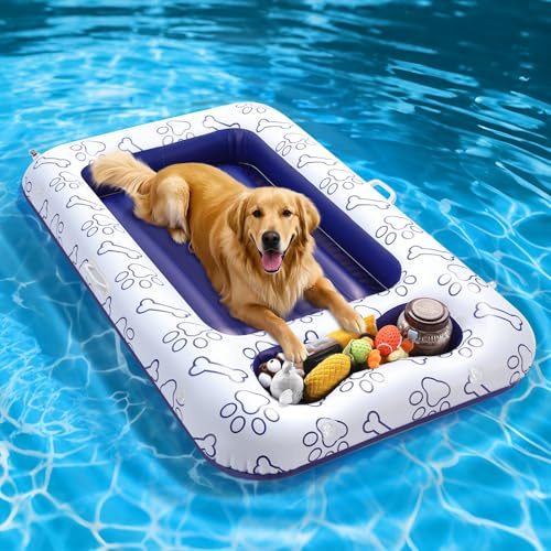 MoKo Galleggianti da Piscina per Cani, 150x90 cm per Cani di Taglia S/M/L, Lettino Galleggiante con Vano Portaoggetti Integrato per Giocattoli e Cibo, Materassino Gonfiabile per Cani, Blu